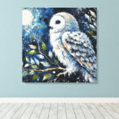 Witte Uil op tak in maanlicht schilderen Canvas Afdruk (Insitu (Houten vloer))