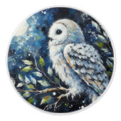 Witte Uil op tak in maanlicht schilderen Keramische Knop (Voorkant)