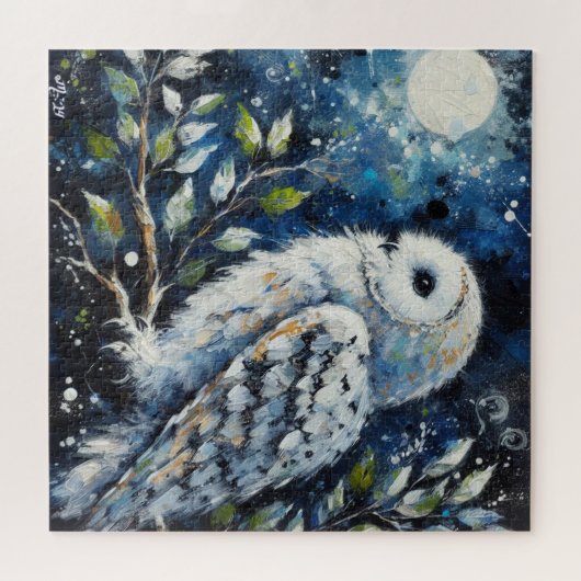 Witte Uil op tak in maanlicht schilderen Legpuzzel (Horizontaal)