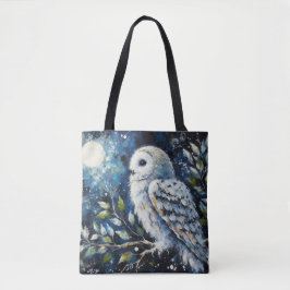 Witte Uil op tak in maanlicht schilderen Tote Bag