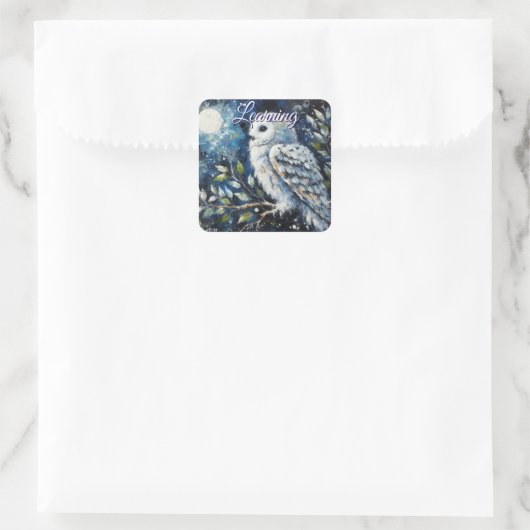 Witte Uil op tak in maanlicht schilderen Vierkante Sticker (Tas)