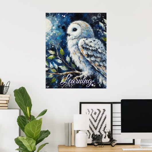 Witte Uil Op Tak Maneschijn Persoonlijk Papier Poster (Thuiskantoor)