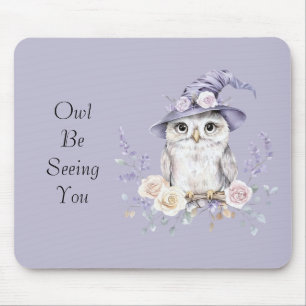 Witte Uil Paarse Hoed Mooie Bloemen Muismat