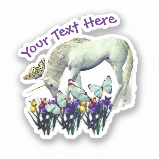 Witte Unicorn Butterflies Flowers, gepersonaliseer Sticker (Voorkant)