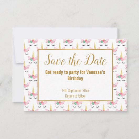 witte unicorn Horn bewaart de datum Aankondiging (Voorkant)