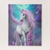 Witte Unicorn met paarse bloemen en maan Legpuzzel (Verticaal)