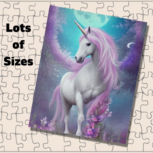Witte Unicorn met paarse bloemen en maan Legpuzzel