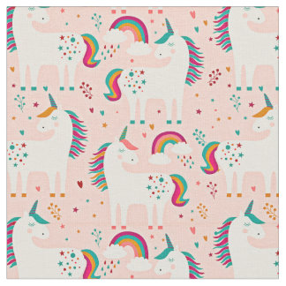 Witte Unicorn met regenboog op Roze Stof