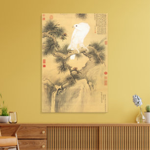 Witte valk op Chinese dennenboom kunst Canvas Afdruk
