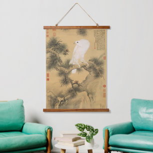 Witte valk op Chinese dennenboom kunst Hangend Wandkleed
