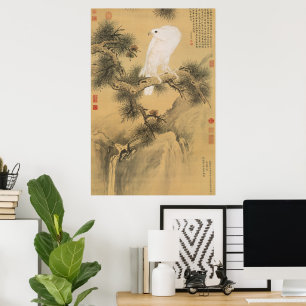 Witte valk op Chinese dennenboom kunst Poster