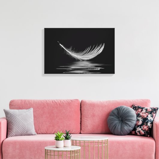 Witte veer drijvend op zwart water canvas afdruk (Insitu (Woonkamer))