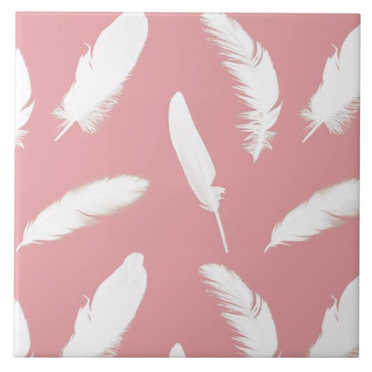 Witte veerafdruk op schelp roze tegeltje (Voorkant)
