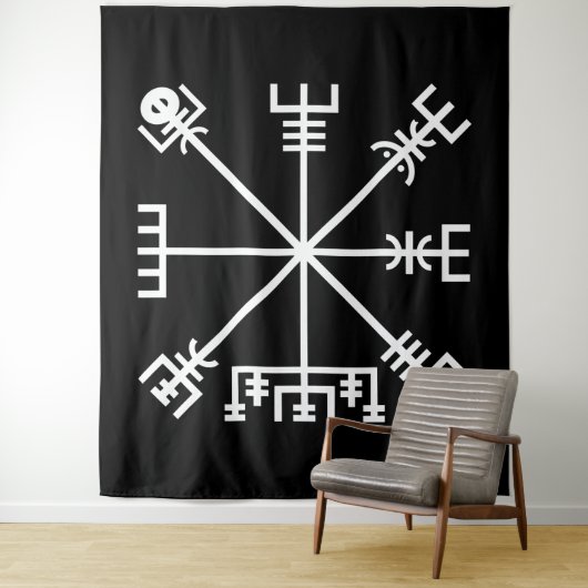 Witte Vegvisir Sigil op Zwart Wandkleed (In situ)