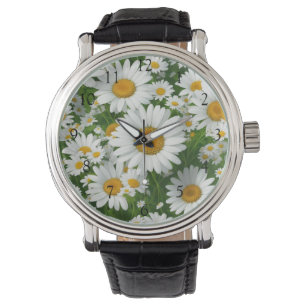 Witte velden van madeliefjes witte bloemen groen horloge