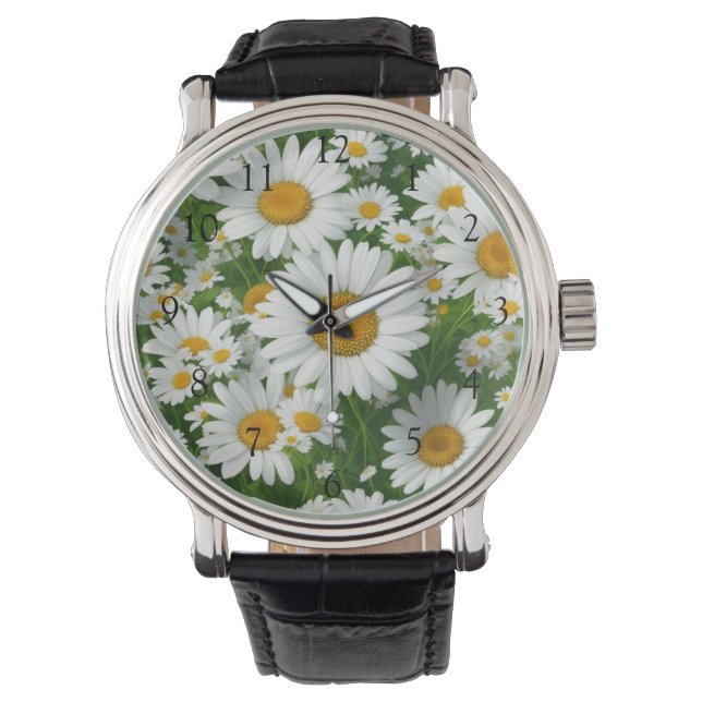 Witte velden van madeliefjes witte bloemen groen horloge (Voorkant)