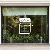 Witte venstersticker met bedrijfsbegroeting en ope raamsticker