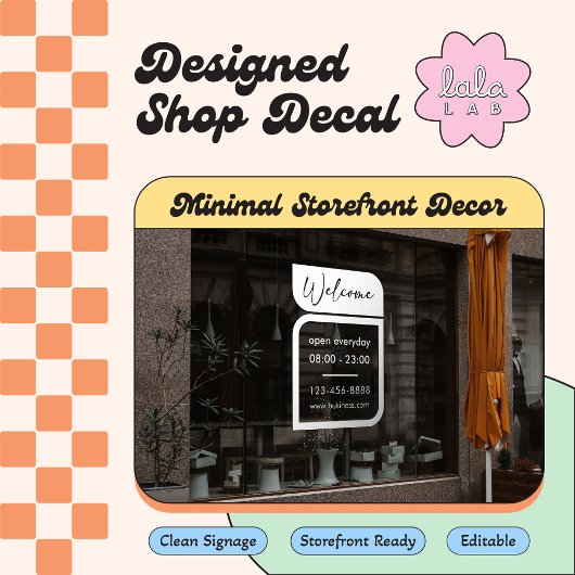 Witte venstersticker met bedrijfsbegroeting en ope raamsticker