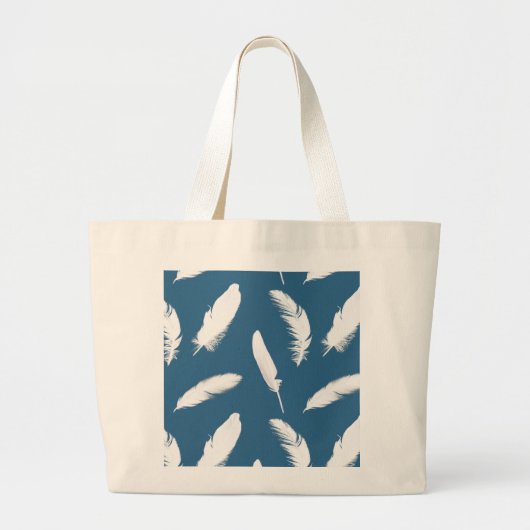 Witte veren afdruk op denim blauw grote tote bag (Voorkant)