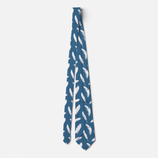 Witte veren afdruk op denim blauw stropdas (Achterkant)