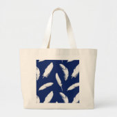 Witte veren afdruk op donkerblauw grote tote bag (Voorkant)