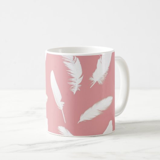 Witte veren afdruk op schelproze koffiemok (Voorkant rechts)