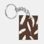Witte veren druk op chocoladebruin sleutelhanger (Voorkant Links)