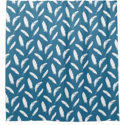 Witte veren op Denim Blue Douchegordijn (Voorkant)