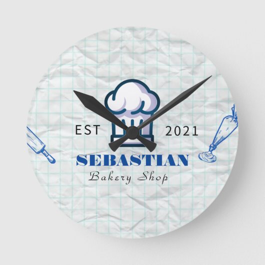 Witte Verfrommelde Textuur Chef Naam Bakkerij Shop Ronde Klok (Voorkant)