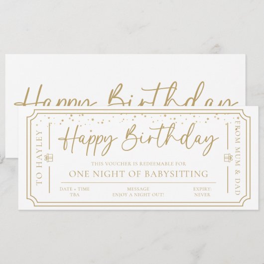 Witte Verjaardag Babysitten Gift Voucher Kaart (Voorkant / Achterkant)