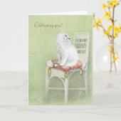 witte verjaardagskat en rozen op hoofdkussen kaart (Gele Bloem)