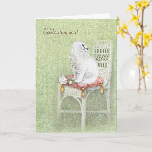 witte verjaardagskat en rozen op hoofdkussen kaart (Gele Bloem)