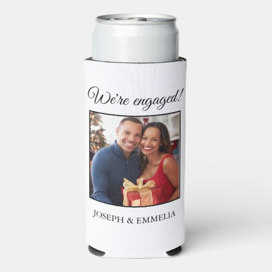 Witte verlovingsfeestfoto nog lang en gelukkig seltzer blikjeskoeler (Seltzer Achterkant)