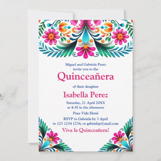 Witte Vibrant Bloemen Quinceanera Mexicaanse Fiest Kaart (Voorkant)