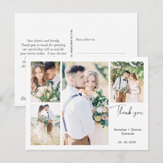 Witte Vier Foto Bruiloft Dank u Briefkaart (Voorkant / Achterkant)