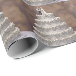 Witte vijf-tier bruidstaart met bruidspaar, cadeaupapier