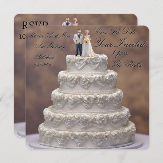 Witte vijf verdiepingen tellende trouwtaart met br save the date (Voorkant / Achterkant)