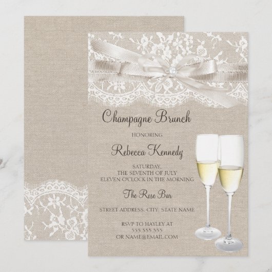 Witte vintage kant champagne brunch uitnodiging (Voorkant / Achterkant)
