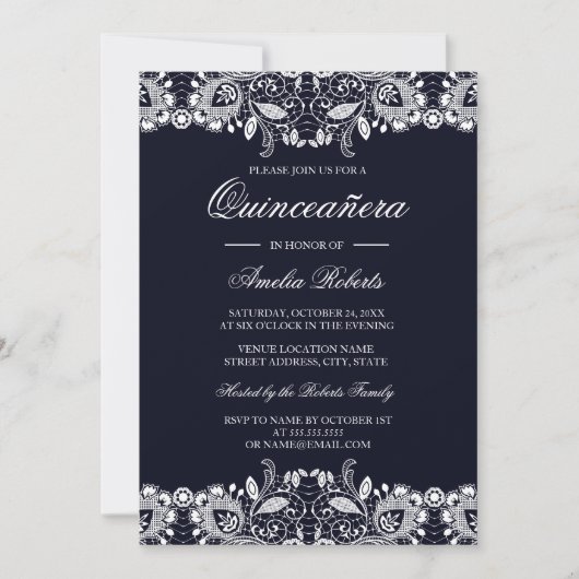 Witte vintage kant Navy Quinceanera uitnodiging (Voorkant)