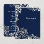 witte vintage kant patroon marineblauwe bruiloft kaart (Voorkant / Achterkant)