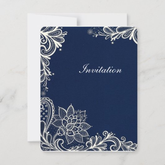 witte vintage kant patroon marineblauwe bruiloft kaart (Voorkant)