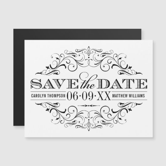Witte vintage rolwerk save-date magneet (Voorkant / Achterkant)