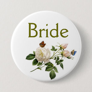 witte vintage rozen bloemen bruid of bruidegom ronde button 7,6 cm