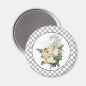 Witte vintage rozen schaakbordpatroon magneet (Voorkant / Achterkant)