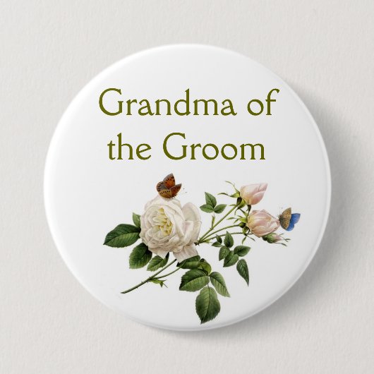 witte vintage rozenbloemen oma van de bruidegom ronde button 7,6 cm (Voorkant)