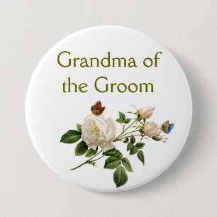 witte vintage rozenbloemen oma van de bruidegom ronde button 7,6 cm