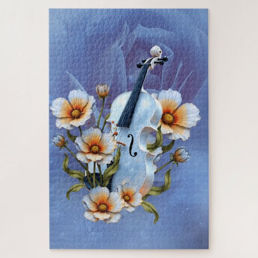 Witte viool met bloemetjes – Elegante muziek & Nat Legpuzzel (Verticaal)