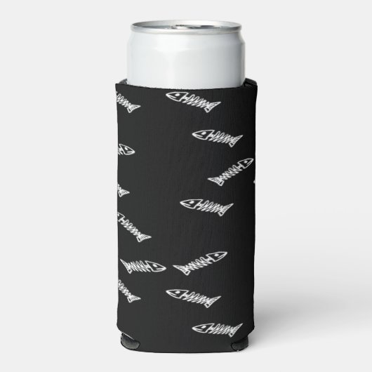 Witte vis skelet botten patroon zwart seltzer blikjeskoeler (Seltzer Voorkant)