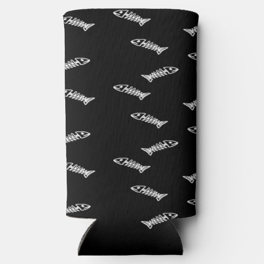 Witte vis skelet botten patroon zwart seltzer blikjeskoeler (Achterkant)