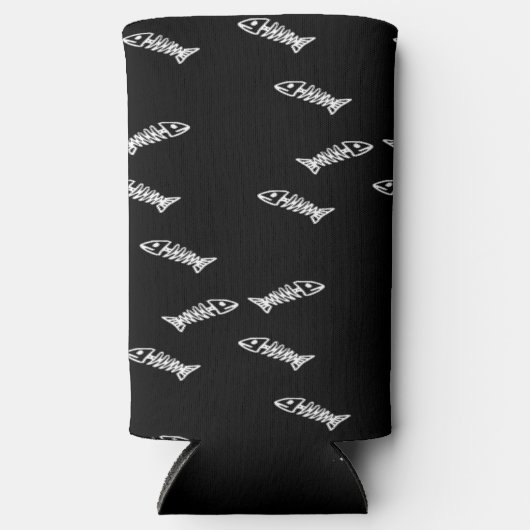 Witte vis skelet botten patroon zwart seltzer blikjeskoeler (Voorkant)